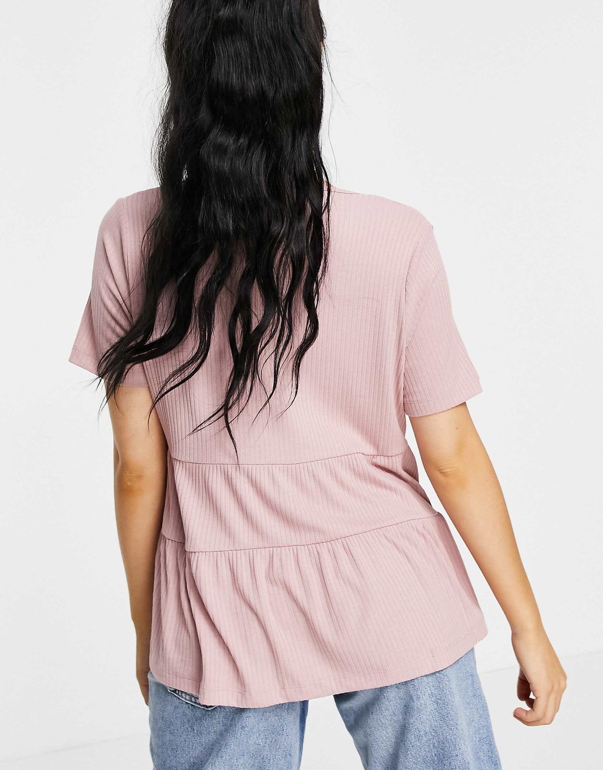 Asos Design Petite Tiered Smock In Rib With V Neck In Dusty Pink