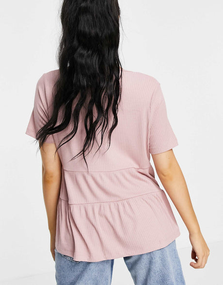 Asos Design Petite Tiered Smock In Rib With V Neck In Dusty Pink
