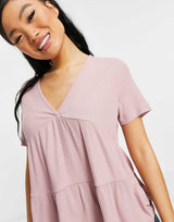 Asos Design Petite Tiered Smock In Rib With V Neck In Dusty Pink