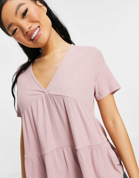 Asos Design Petite Tiered Smock In Rib With V Neck In Dusty Pink