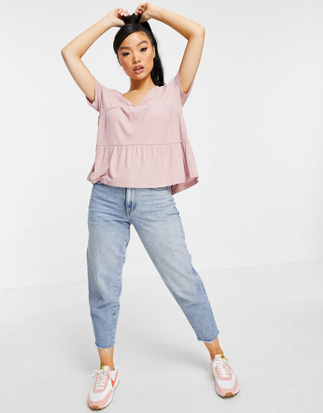 Asos Design Petite Tiered Smock In Rib With V Neck In Dusty Pink