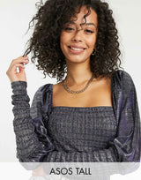 Asos Design Tall Metallic Square Neck Puff Sleeve In Midnight Blue