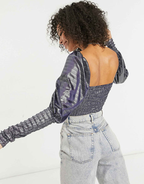 Asos Design Tall Metallic Square Neck Puff Sleeve In Midnight Blue