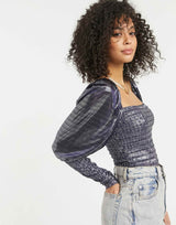 Asos Design Tall Metallic Square Neck Puff Sleeve In Midnight Blue
