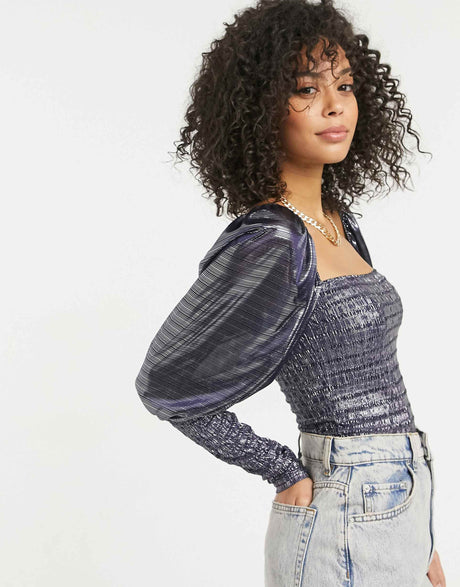 Asos Design Tall Metallic Square Neck Puff Sleeve In Midnight Blue