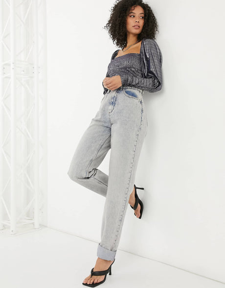 Asos Design Tall Metallic Square Neck Puff Sleeve In Midnight Blue