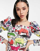 Asos Made In Kenya Linen Dress In Animal Illustration Print