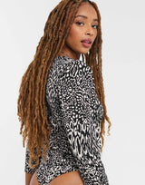 Miss Selfridge Sweetheart Wrap Bodysuit In Animal Print