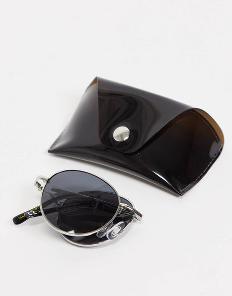South Beach Minimal Aviator Foldable Sunglasses In Silver With Black Smoke Lens
