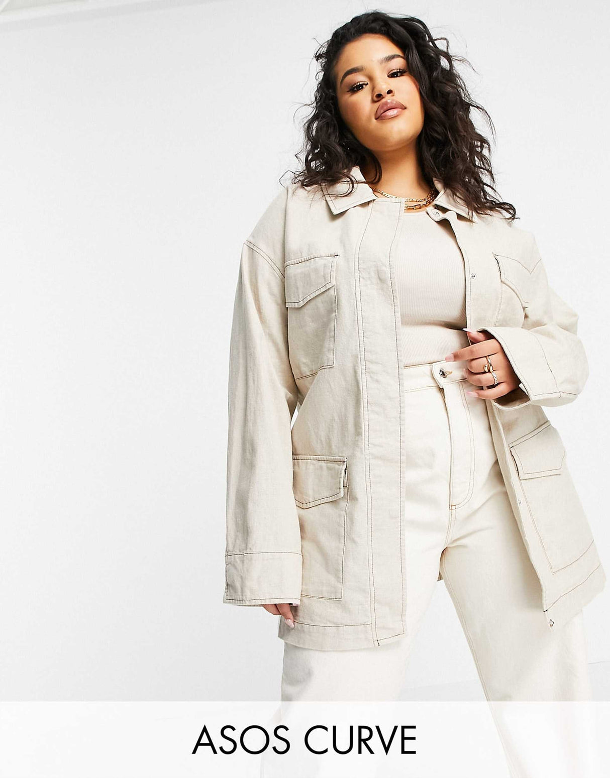 Asos Design Curve Slouchy Four Pocket Linen Jacket In Natural
