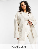 Asos Design Curve Slouchy Four Pocket Linen Jacket In Natural