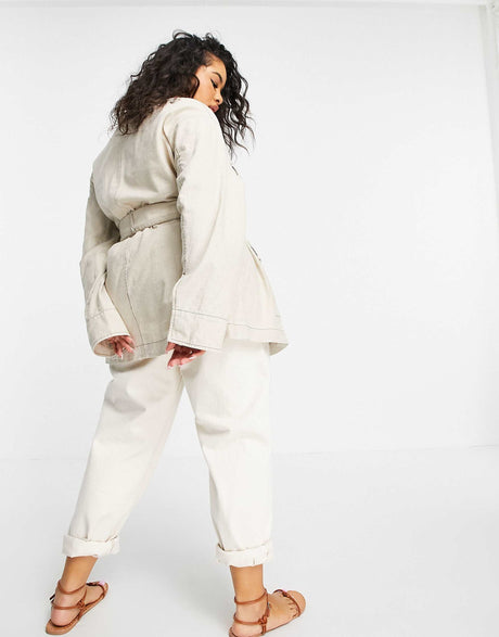 Asos Design Curve Slouchy Four Pocket Linen Jacket In Natural