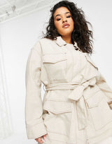 Asos Design Curve Slouchy Four Pocket Linen Jacket In Natural