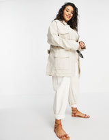 Asos Design Curve Slouchy Four Pocket Linen Jacket In Natural