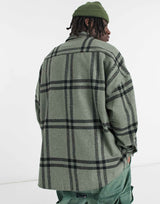 Asos Design Volume Overshirt In Khaki Windowpane Check With Snap Buttons