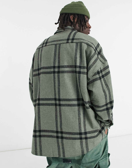 Asos Design Volume Overshirt In Khaki Windowpane Check With Snap Buttons