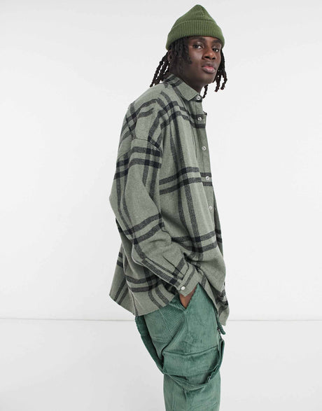 Asos Design Volume Overshirt In Khaki Windowpane Check With Snap Buttons