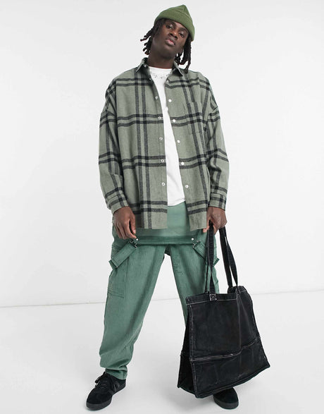 Asos Design Volume Overshirt In Khaki Windowpane Check With Snap Buttons