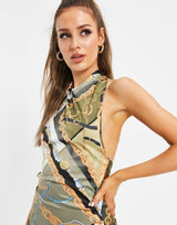 Asos Design Halter Neck Satin Mini Dress In Scarf Print