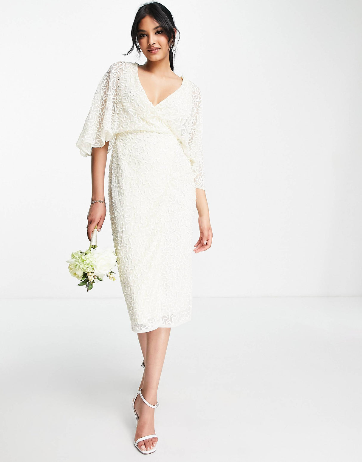 Maya Delicate Sequin Wrap Midi Pencil Dress In Ecru
