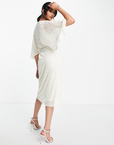 Maya Delicate Sequin Wrap Midi Pencil Dress In Ecru
