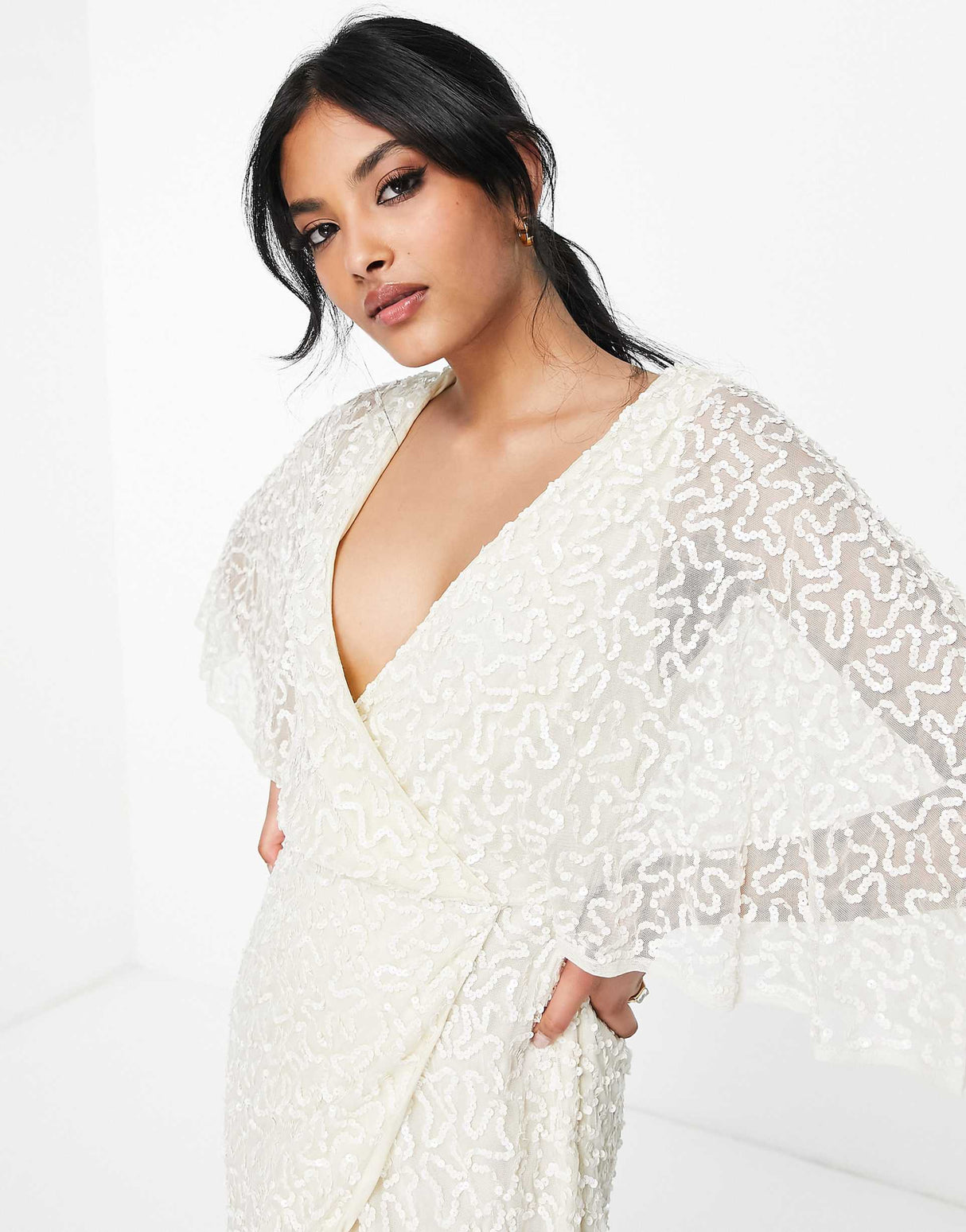 Maya Delicate Sequin Wrap Midi Pencil Dress In Ecru