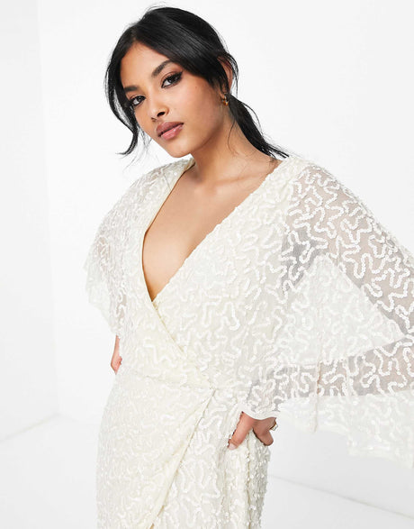 Maya Delicate Sequin Wrap Midi Pencil Dress In Ecru