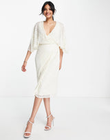 Maya Delicate Sequin Wrap Midi Pencil Dress In Ecru