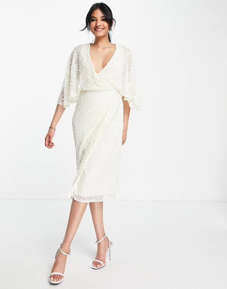 Maya Delicate Sequin Wrap Midi Pencil Dress In Ecru