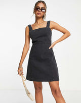 Asos Design Soft Denim Mini Pinny Dress In Washed Black