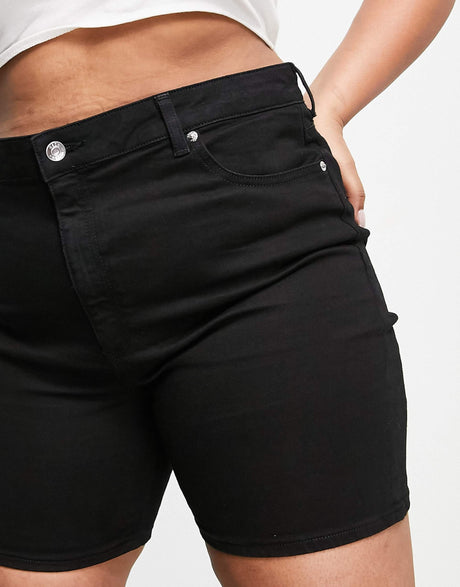 Asos Design Curve Denim High Rise 'Skinny' Stretch Shorts In Clean Black