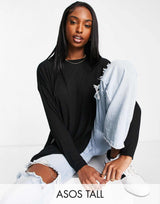 Asos Design Tall Top With Side Splits And Long Sleeve In Clean Rib In Black