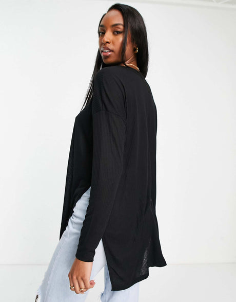 Asos Design Tall Top With Side Splits And Long Sleeve In Clean Rib In Black