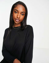 Asos Design Tall Top With Side Splits And Long Sleeve In Clean Rib In Black