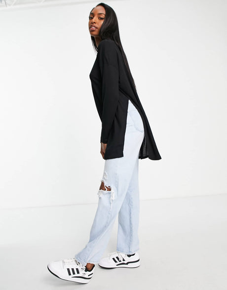 Asos Design Tall Top With Side Splits And Long Sleeve In Clean Rib In Black