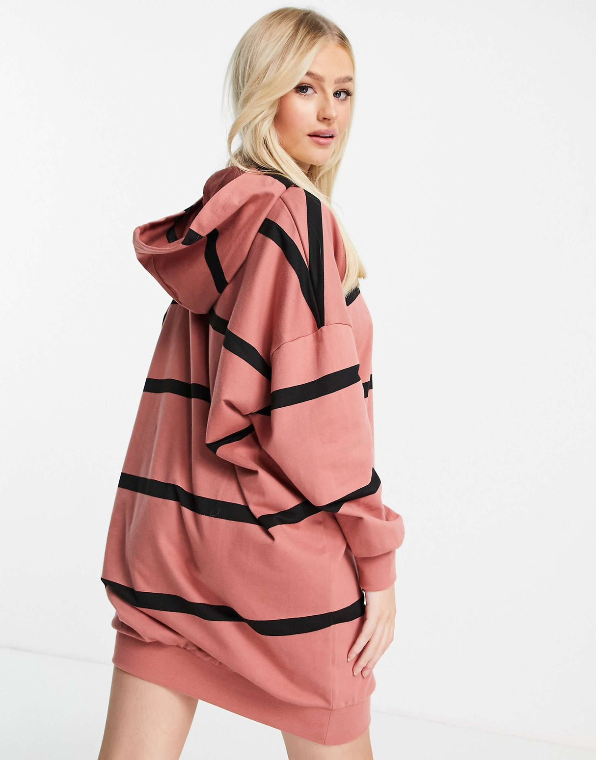 Asos Design Petite Mini Sweatshirt Hoodie Dress In Dusty Pink And Black Stripe