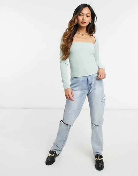 Asos Design Crinkle Top With Ultra Square Neck In Sage Green