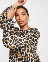 Asos Design Oversized Long Sleeve Mini Smock Dress In Large Scale Giraffe Print