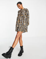 Asos Design Oversized Long Sleeve Mini Smock Dress In Large Scale Giraffe Print