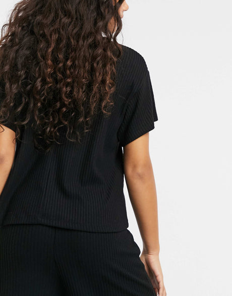 Asos Design Mix & Match Jersey Rib & Lace Slouchy Pyjama Tee In Black