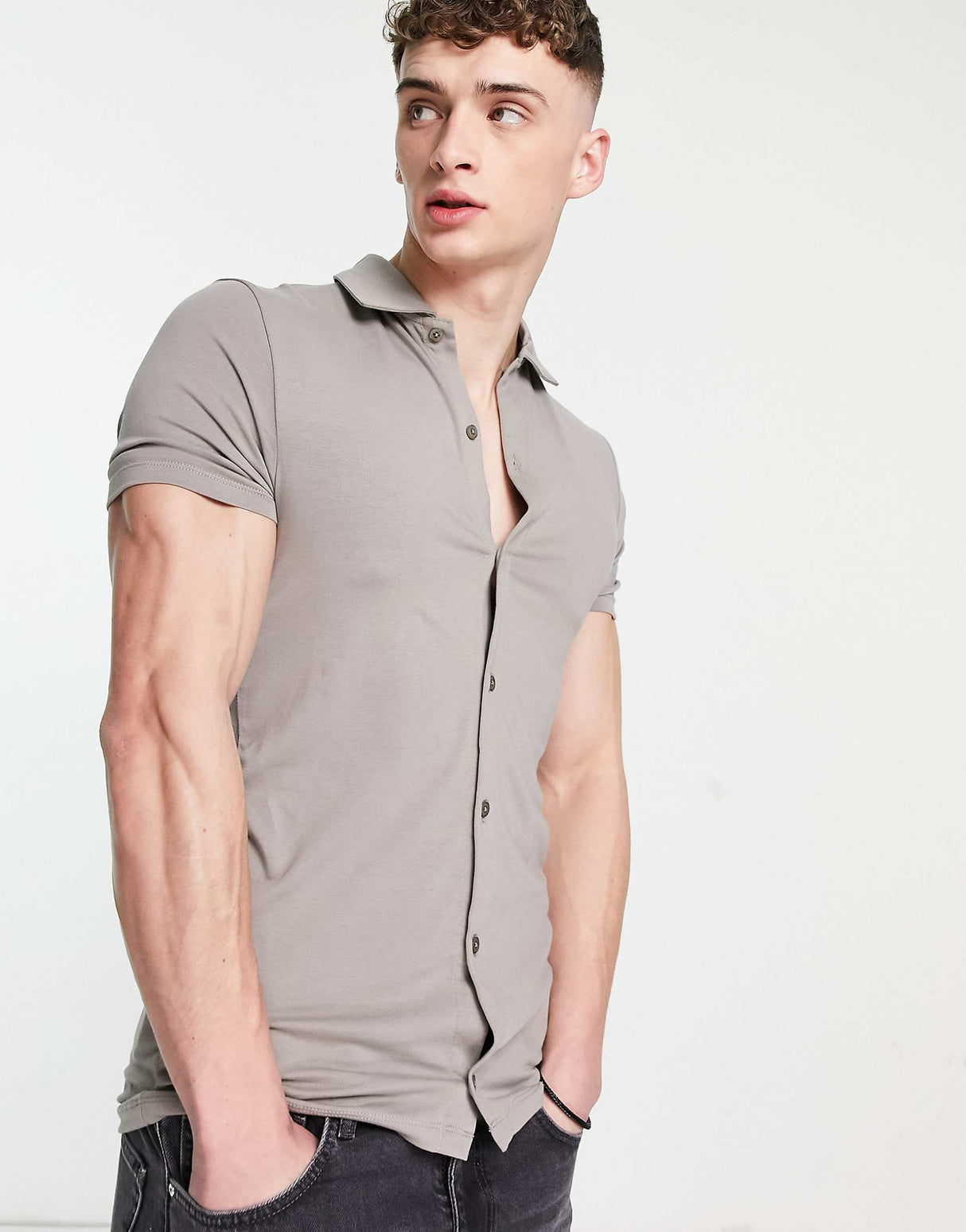 Asos Design Cotton Muscle Fit Jersey Shirt In Beige