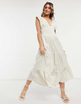 Asos Design Shirred Waist Button Front Tiered Midi Sundress In Crinkle In Oatmeal