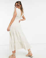 Asos Design Shirred Waist Button Front Tiered Midi Sundress In Crinkle In Oatmeal