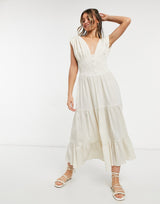 Asos Design Shirred Waist Button Front Tiered Midi Sundress In Crinkle In Oatmeal