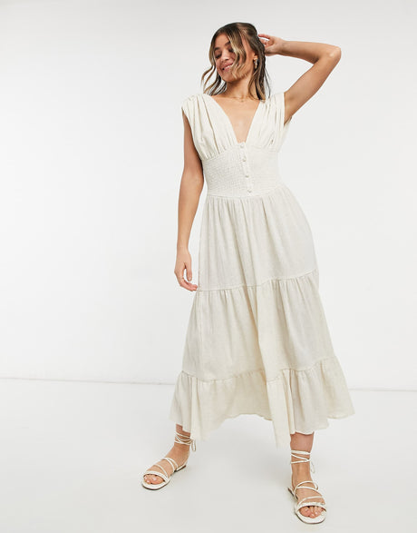 Asos Design Shirred Waist Button Front Tiered Midi Sundress In Crinkle In Oatmeal