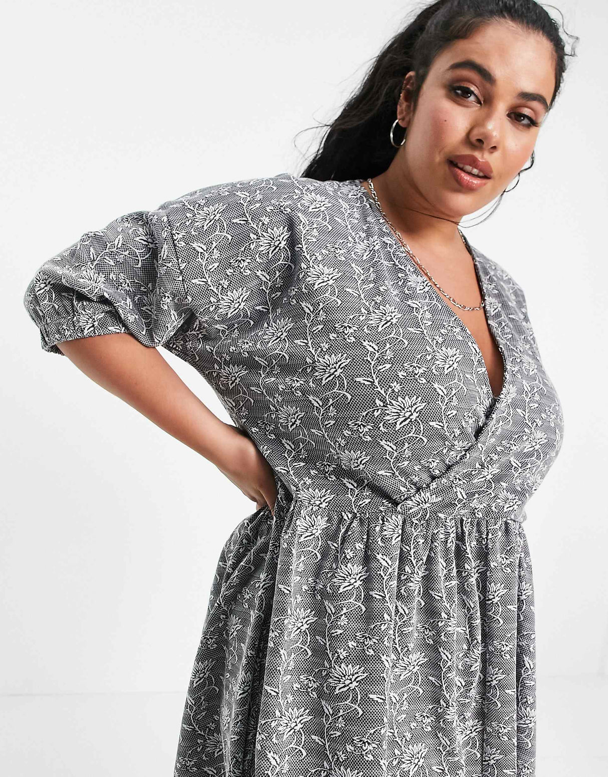 Asos Design Curve Jacquard Wrap Top Midi Dress In Black And White Floral