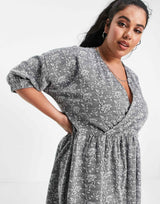 Asos Design Curve Jacquard Wrap Top Midi Dress In Black And White Floral