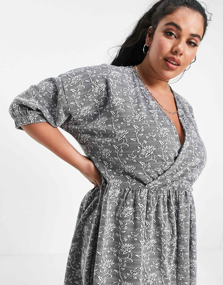 Asos Design Curve Jacquard Wrap Top Midi Dress In Black And White Floral