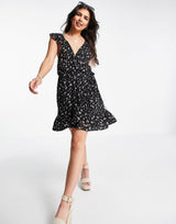 Asos Design Wrap Front Mini Sundress With Lace Inserts In Ditsy Floral Print