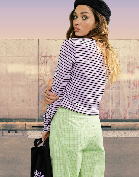 Asos Design 90S Fitted Rib Top With Buttons In Variagted Stripe